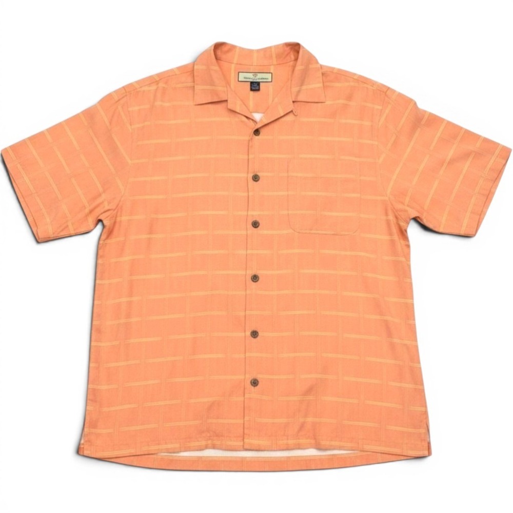 Tommy Bahama Silk Shirt Mens M Peach Hula Girl Back Graphic Hawaiian Camp Shirt